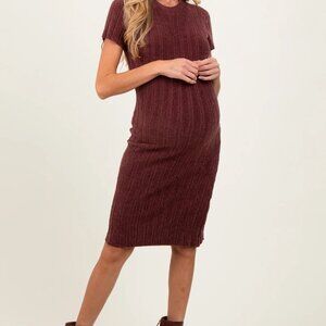 PinkBlush Brown Chenille Knit Short Sleeve Maternity Sweater Dress — Size Large